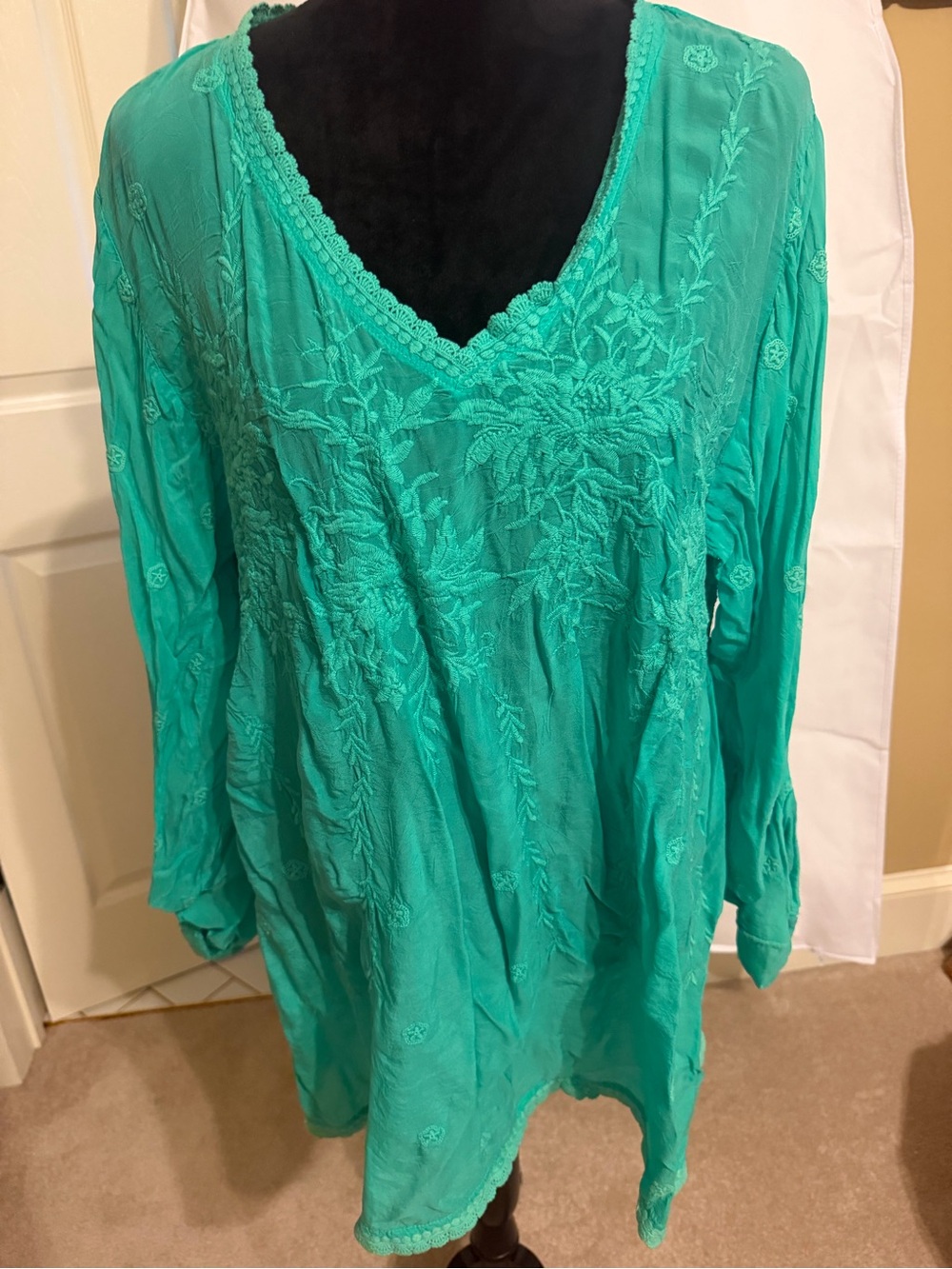 Johnny Was Teal Embroidered V-Neck Tunic